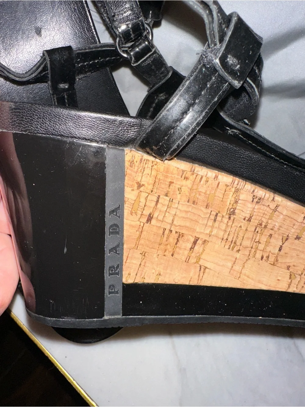 Prada Black Patent Leather Cork-Wedge Sandals